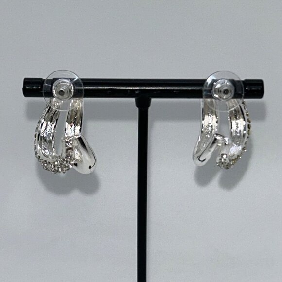 Gloria Vanderbilt Post Hoop Earrings Silver-Tone Rhinestone Classic Style - Picture 7 of 8